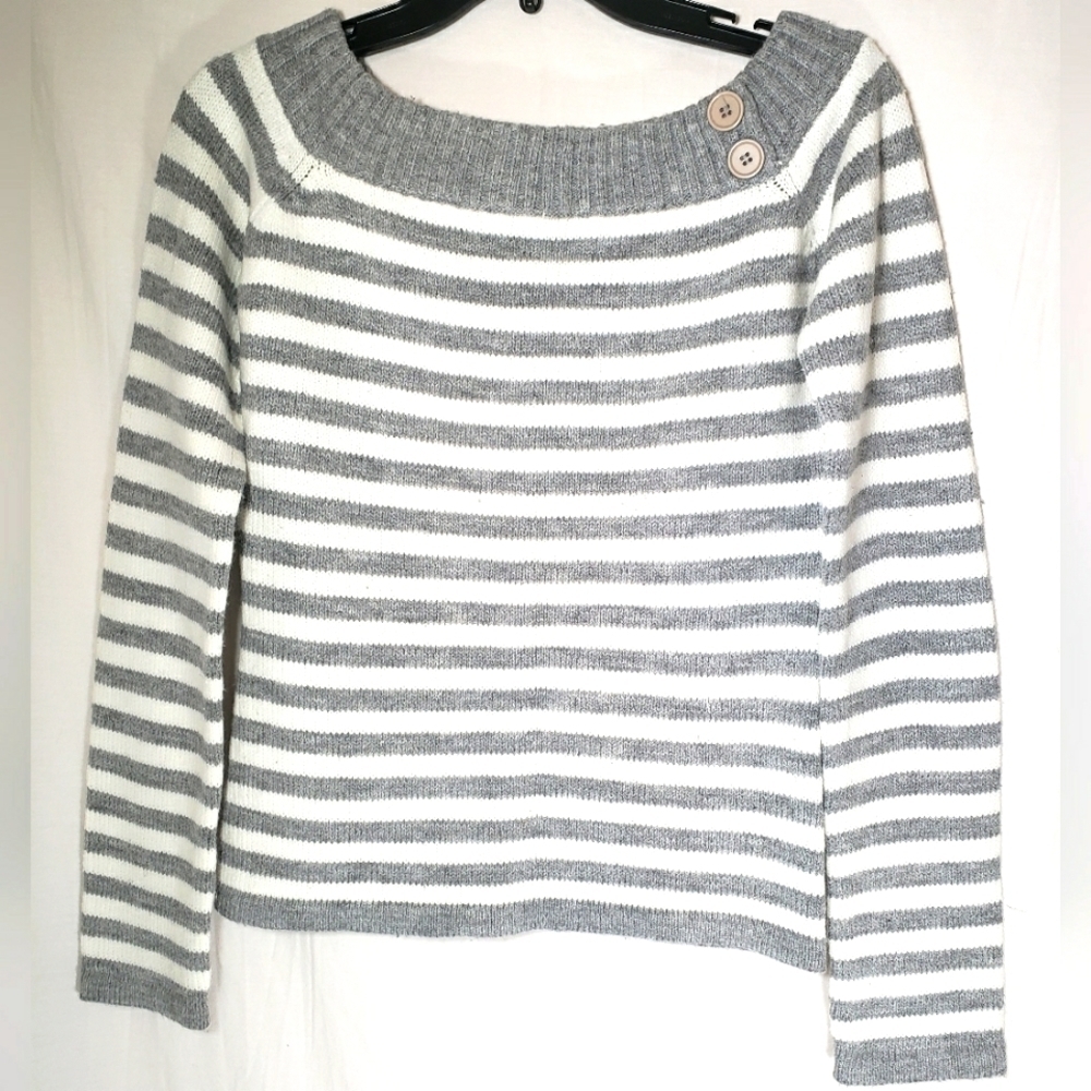 Derek Heart Gray and White Striped  Long Sleeve Boat Neck Sweater Sz L